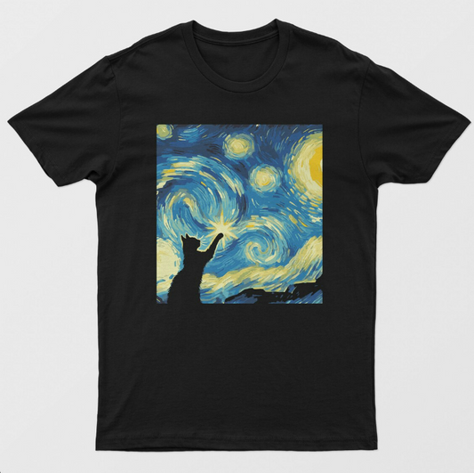 Starry Night Style Cat Black Graphic Unisex T-Shirt