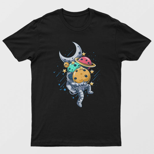 Astronaut Holding Planets in Space funny Unisex T-Shirt Astronomy Tee