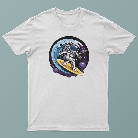 Astronaut Surfing in Space Funny Unisex T-Shirt Planets, Stars, Surfer Tee