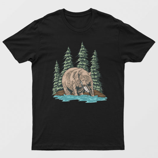 Bear And Fish Wildlife Mountain Animal Tee - Outdoor Explorer T-Shirt, Camping & Hiking Shirt Men's, Women's Tee, Black, White, Navy, Tees