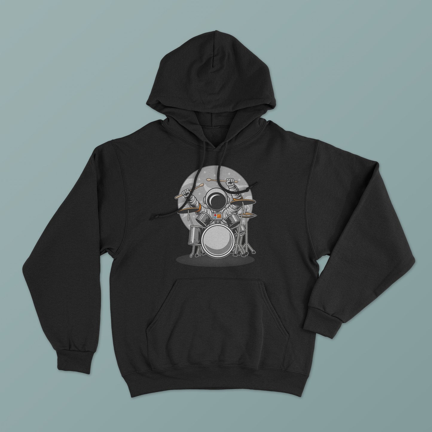 Astronaut Drummer in Space Hoodie - Cosmic Grooves and Unique Style Tee! Men's, Women's Unisex Hooded Sweatshirt, Space and Planets