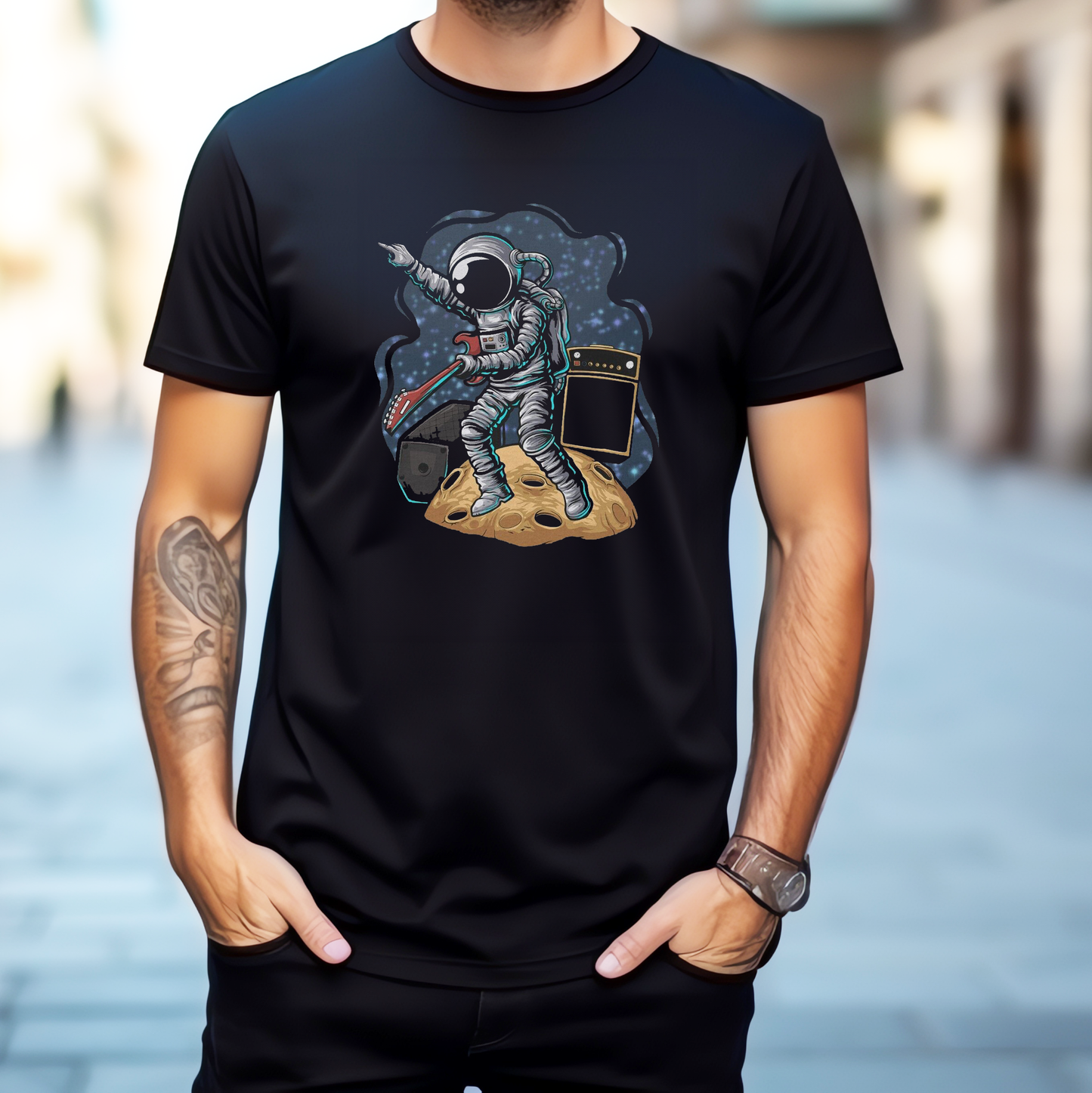 Astronaut Guitarist Space T-Shirt - Cosmic Style with Musical Flair, Unisex.